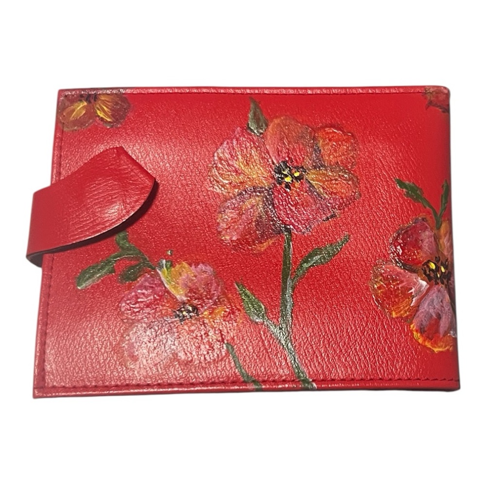 Vintage Hand Painted Leather Wallet Red Floral Boho Artisan One of a Kind - Picture 3 of 7